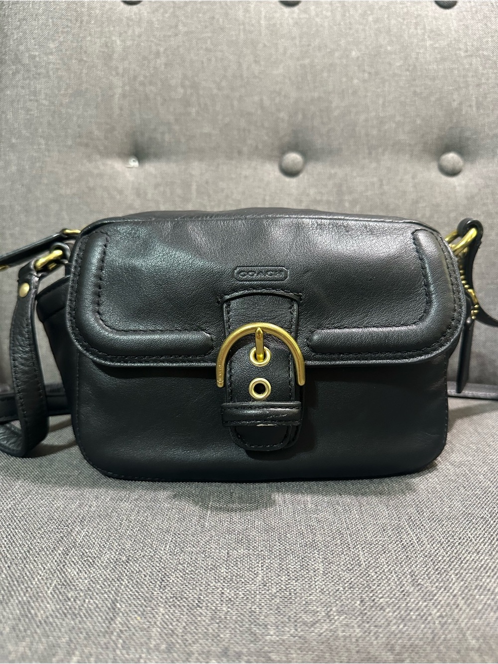 Vintage Black Coach Black Leather Crossbody with Gold Buckle